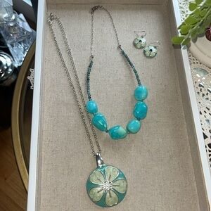 Vintage KC stamped necklace and earrings set, silver and green, + Stone necklace